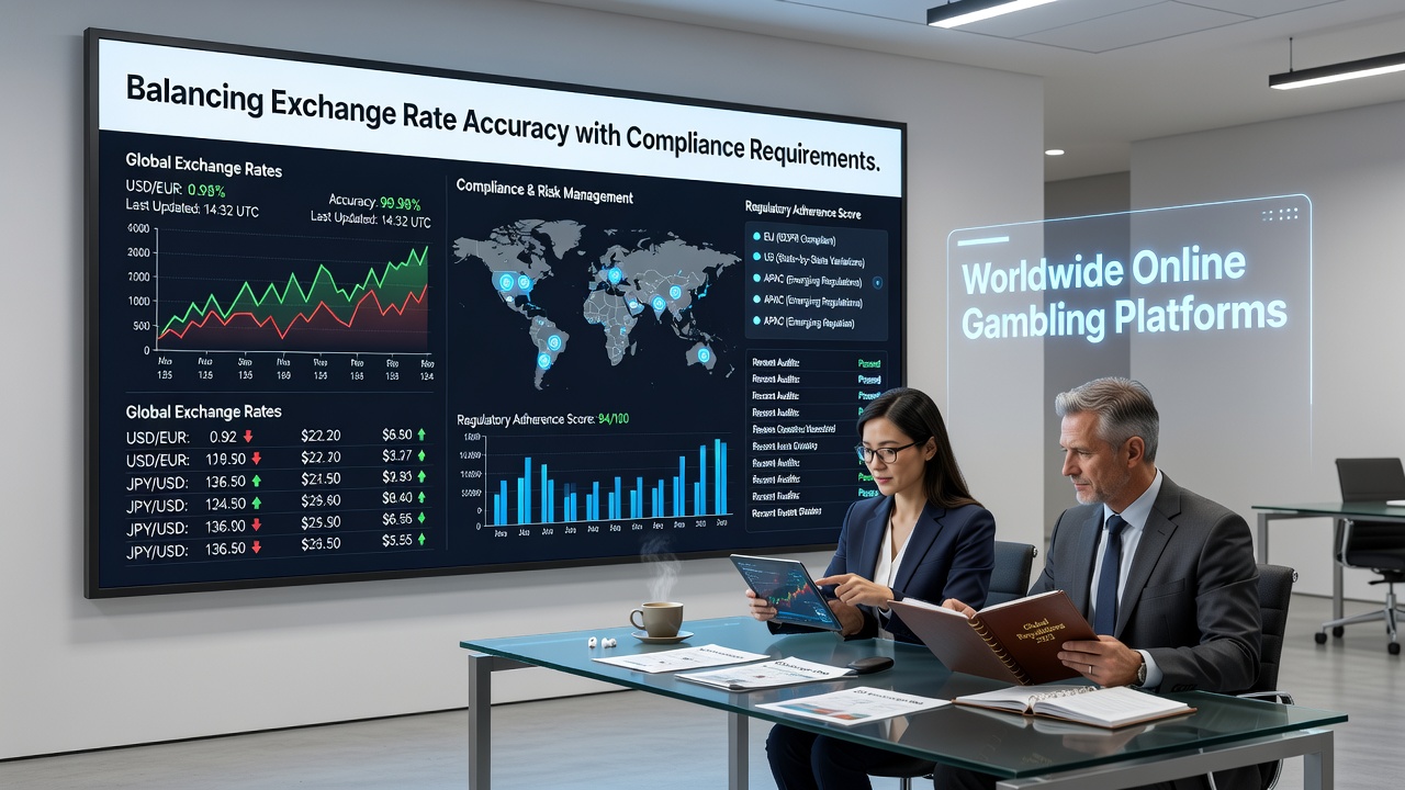 Illustration von Compliance-Dashboards und Wechselkurs-Monitoring in internationalen Gaming-Umgebungen