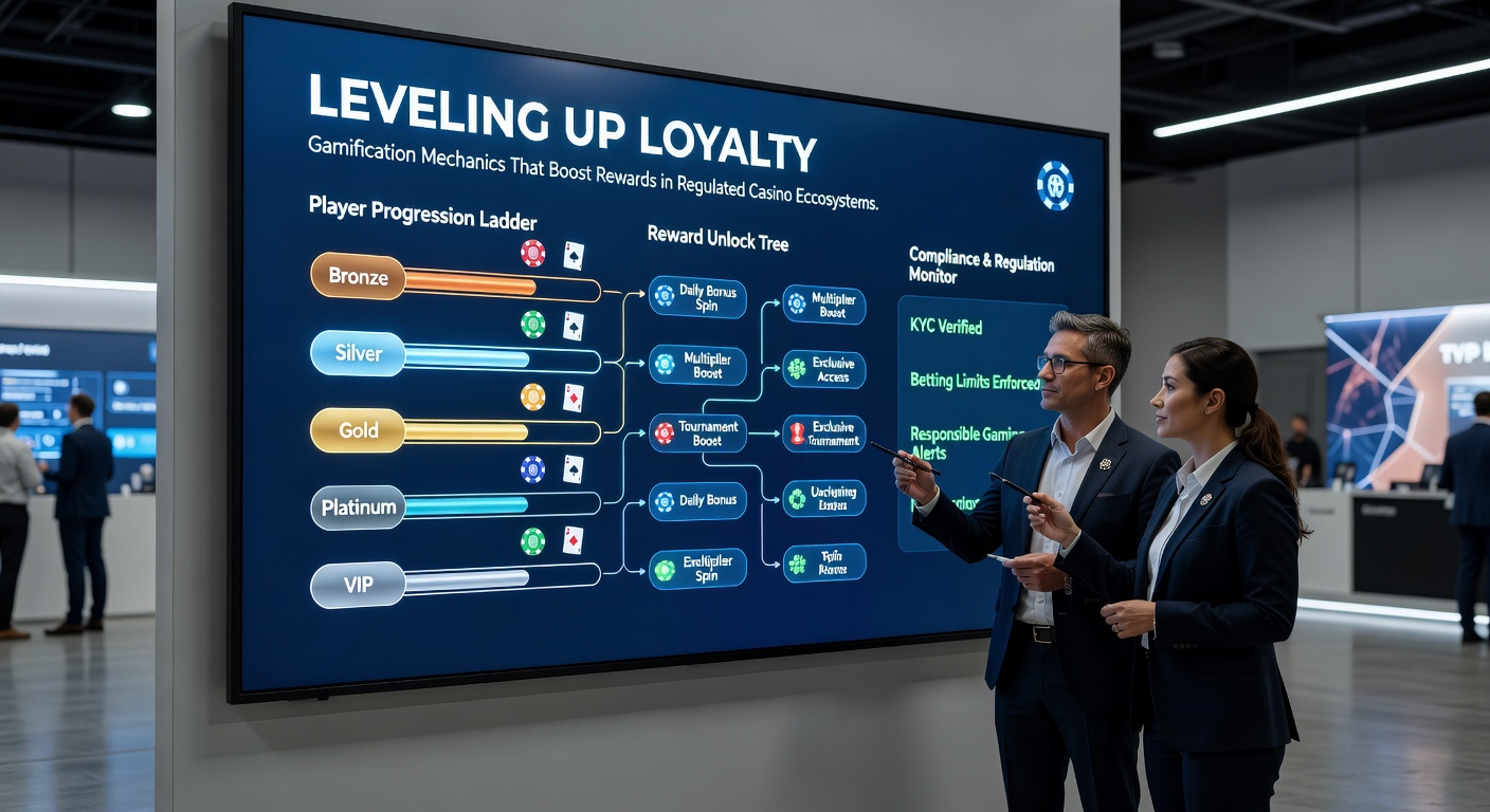 Grafik mit Badges, Fortschrittsbalken und Belohnungsikonen in einem Casino-Gamification-System, das Level-Ups und tägliche Challenges zeigt