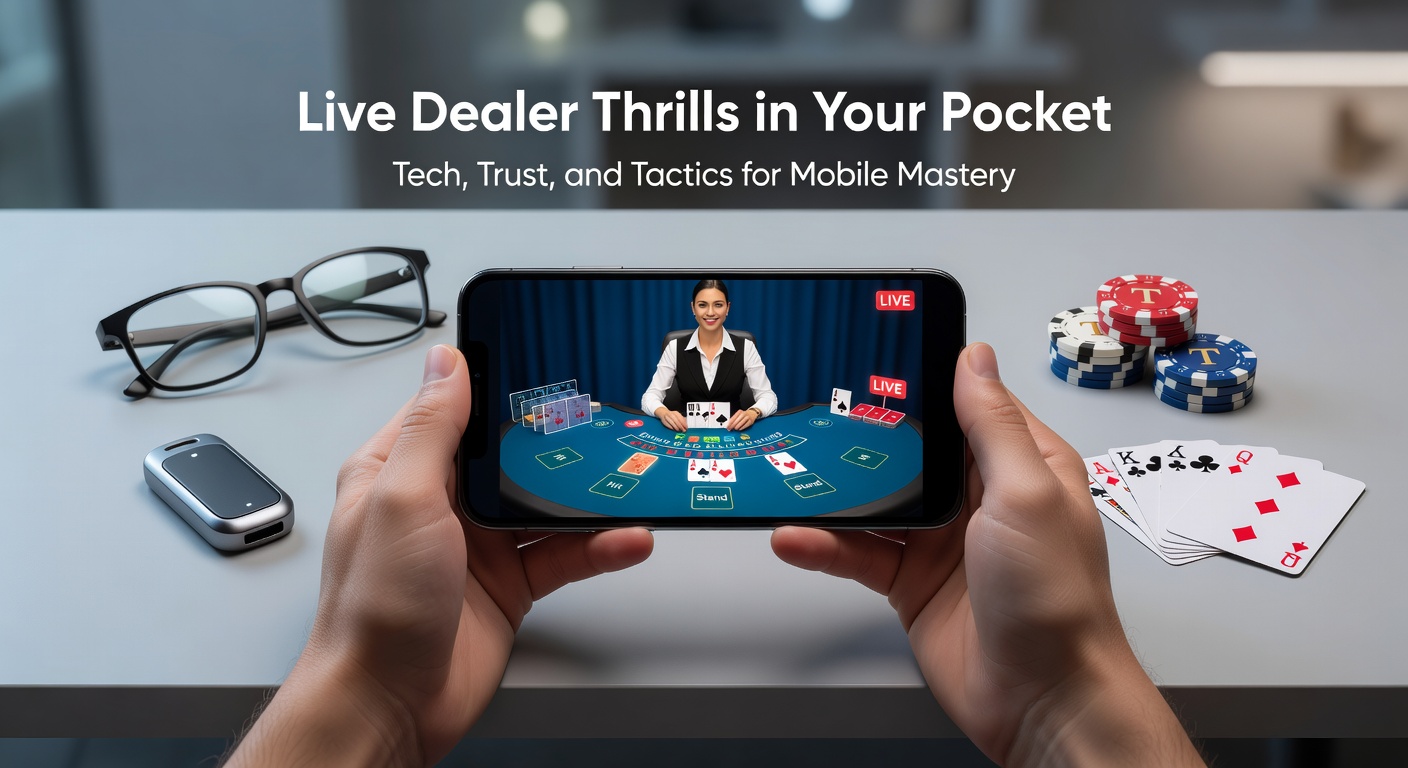 Smartphone mit Live-Dealer-Spiel: Ein Dealer am Tisch, umgeben von Karten und Chips, während das Display helle Lichter und Action zeigt