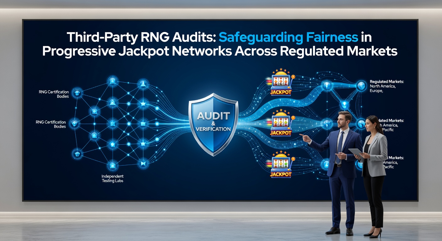 Detaillierte Darstellung eines Audit-Prozesses mit RNG-Software, Zertifikaten und internationalen Regulierungslogos für progressive Jackpots
